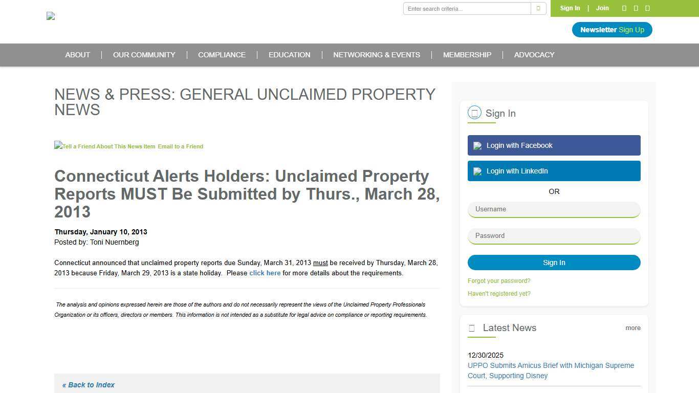 Connecticut Alerts Holders: Unclaimed Property Reports MUST Be Submitted by Thurs., March 28, 2013 - Unclaimed Property Professionals Organization
